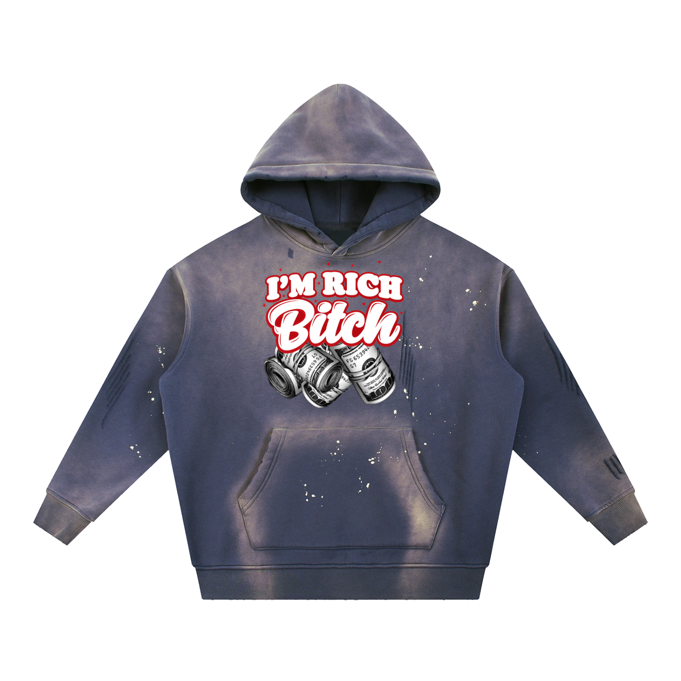 IM RICH BITCH Vintage Washed Frayed Fleece Hoodie