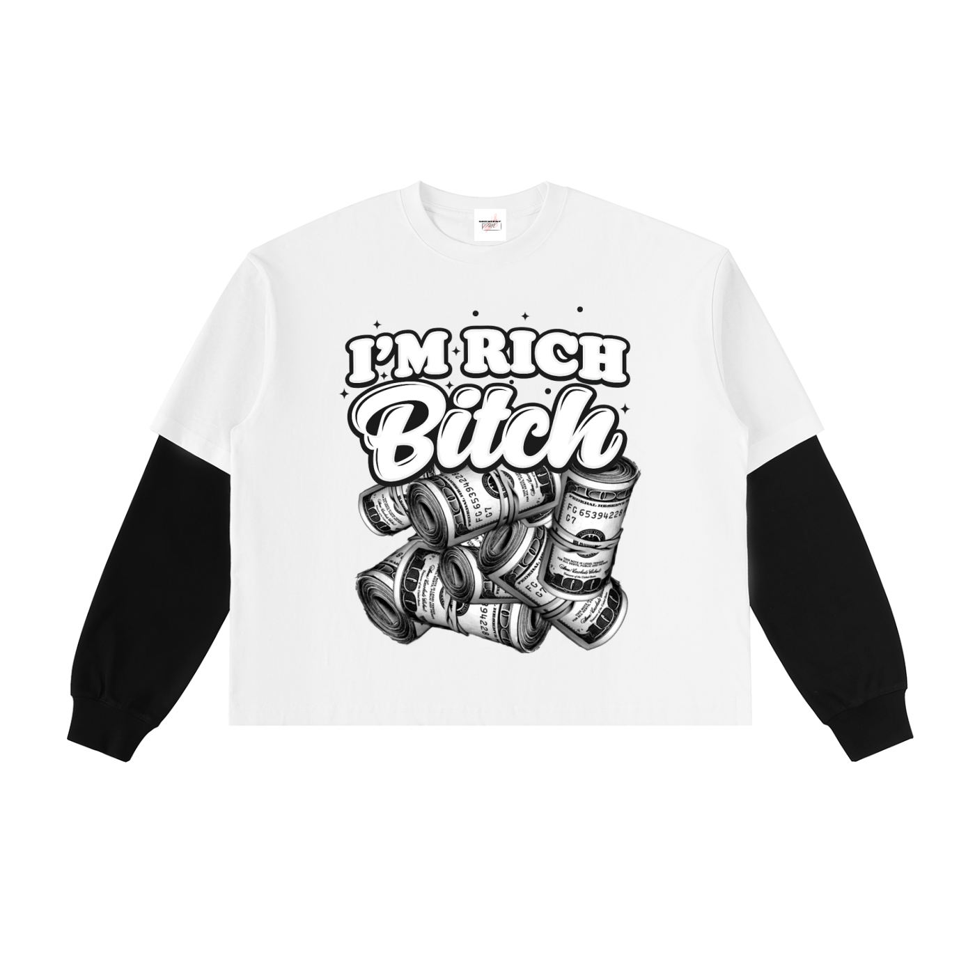 IM RICH BITCH - Layered Contrast Sleeve Cotton T-Shirt