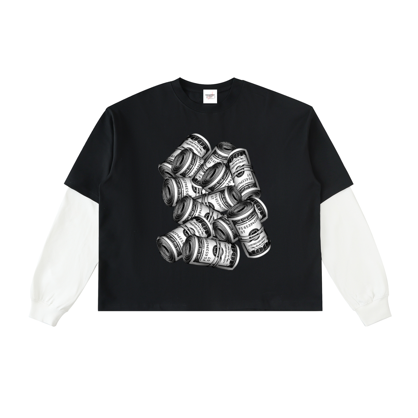 IM RICH BITCH - Layered Contrast Sleeve Cotton T-Shirt