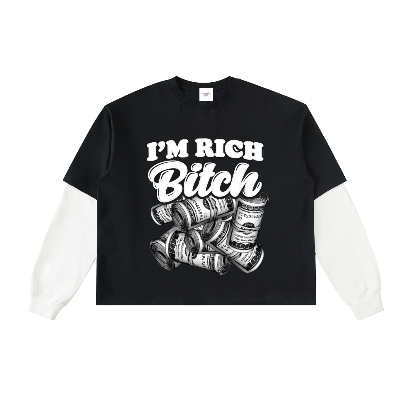 IM RICH BITCH - Layered Contrast Sleeve Cotton T-Shirt