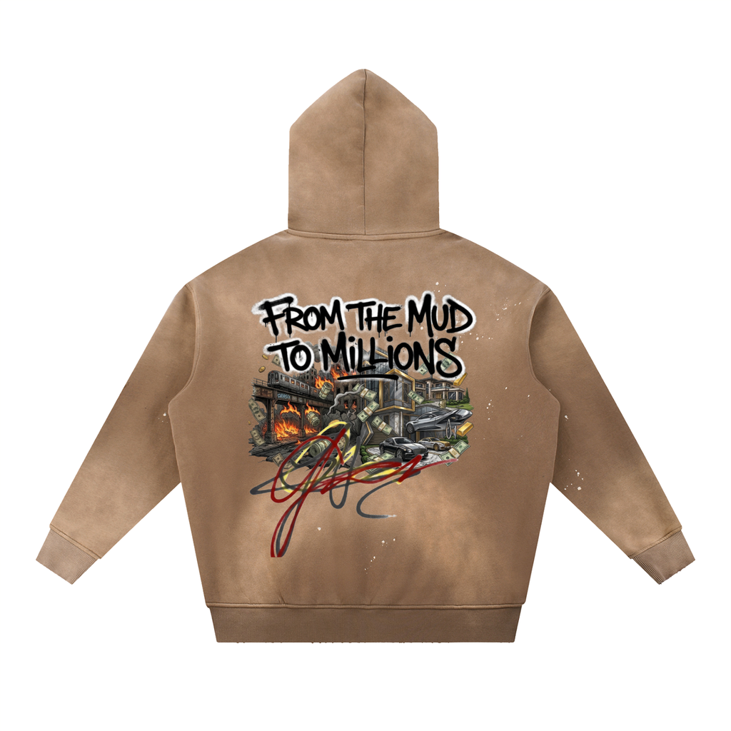 M2M Vintage Washed Frayed Fleece Hoodie
