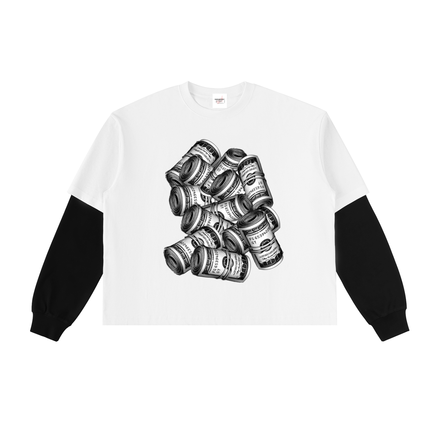 IM RICH BITCH - Layered Contrast Sleeve Cotton T-Shirt