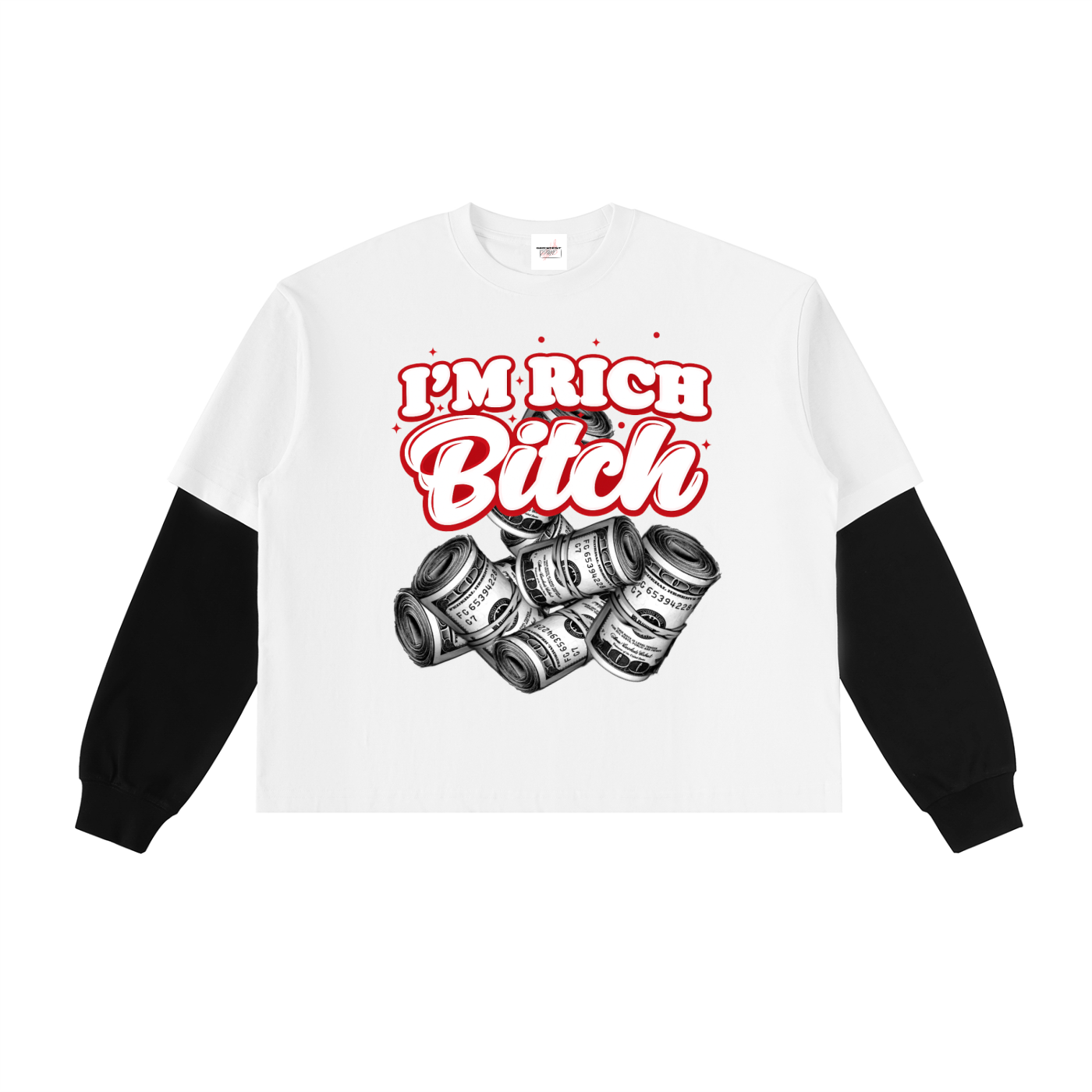 IM RICH BITCH- Layered Contrast Sleeve Cotton T-Shirt