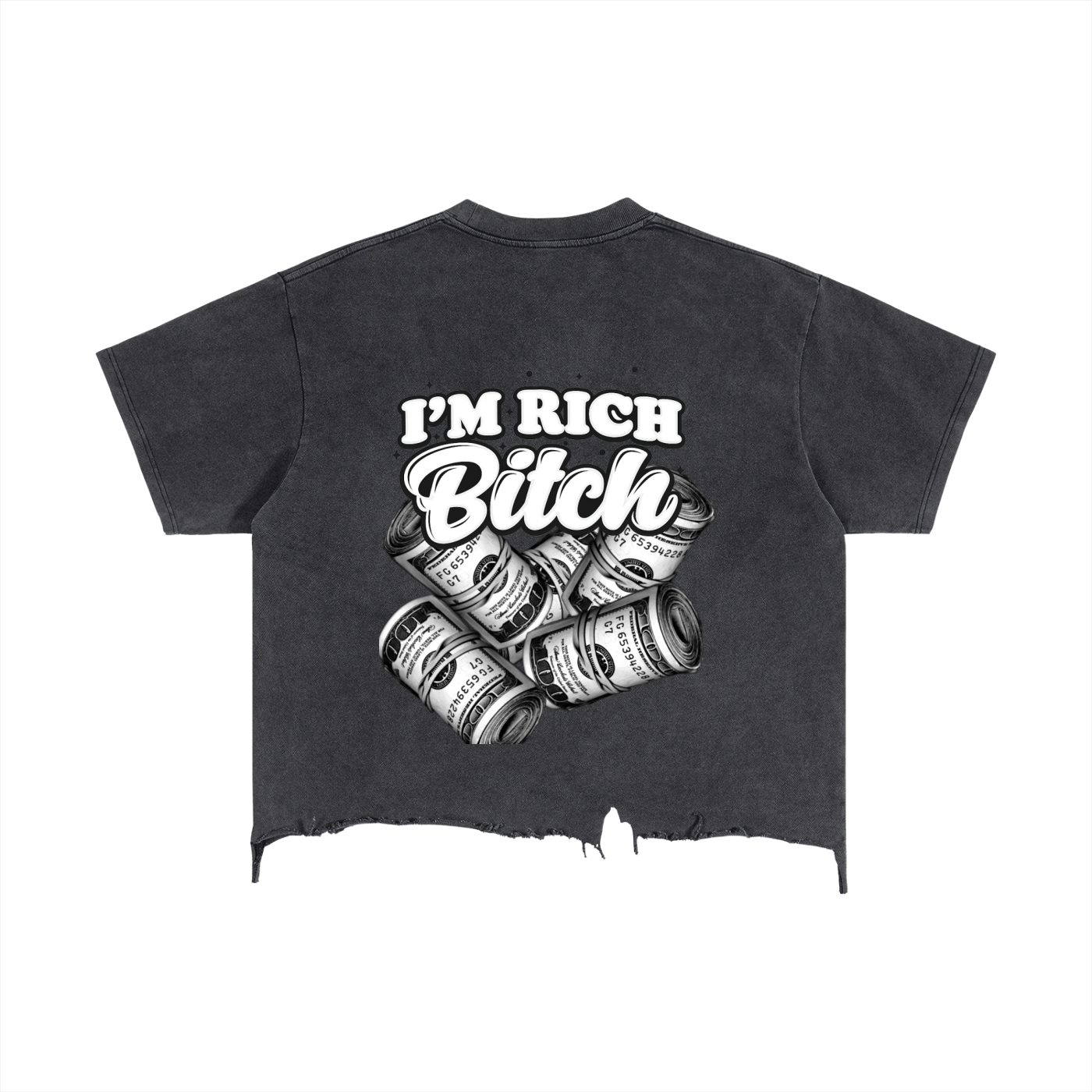IM RICH BITCH -Vintage Wash Boxy Distressed Hem T-Shirt