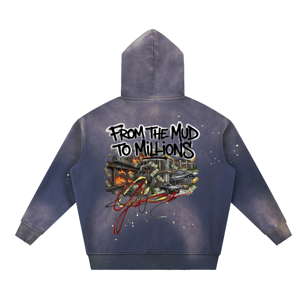 M2M Vintage Washed Frayed Fleece Hoodie