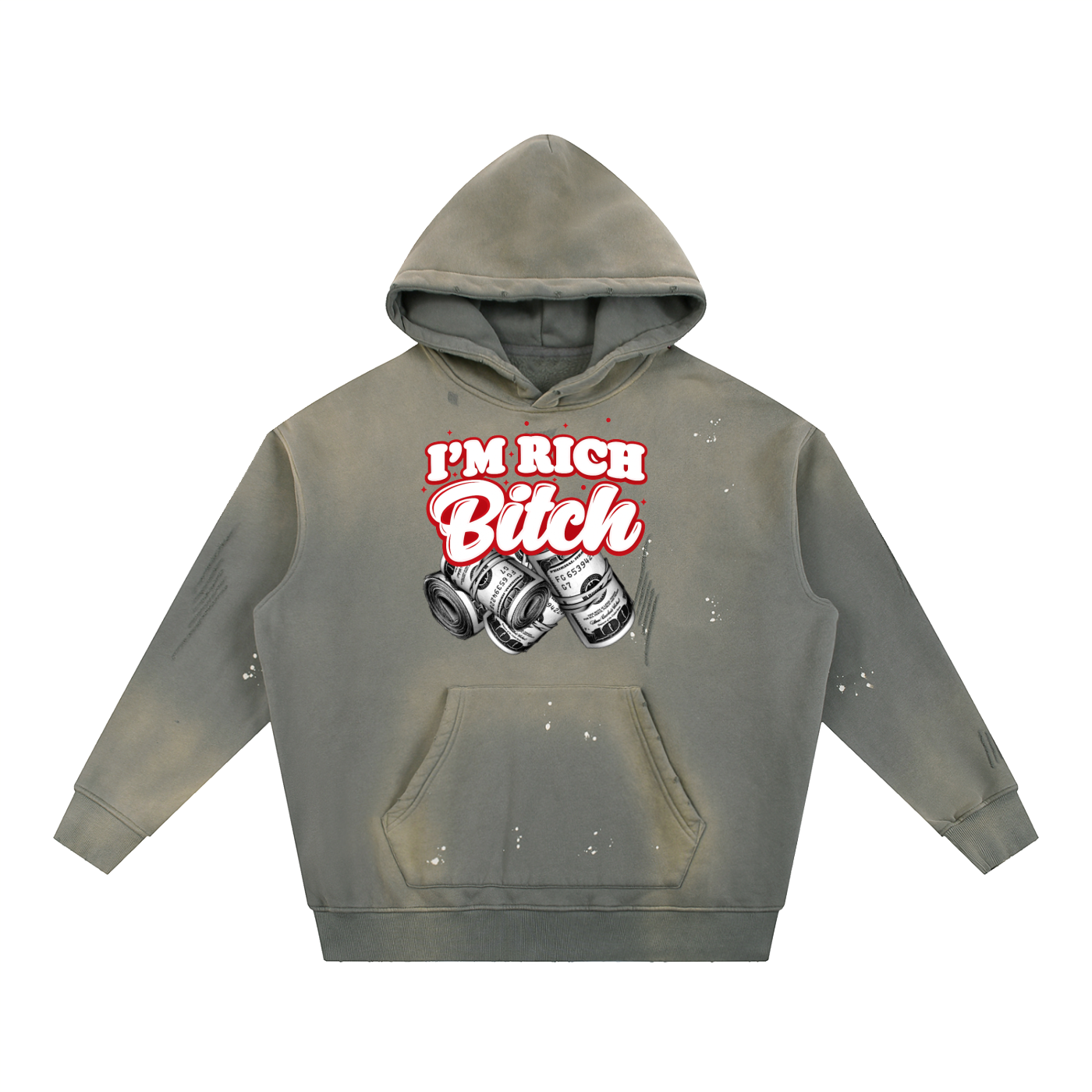 IM RICH BITCH Vintage Washed Frayed Fleece Hoodie