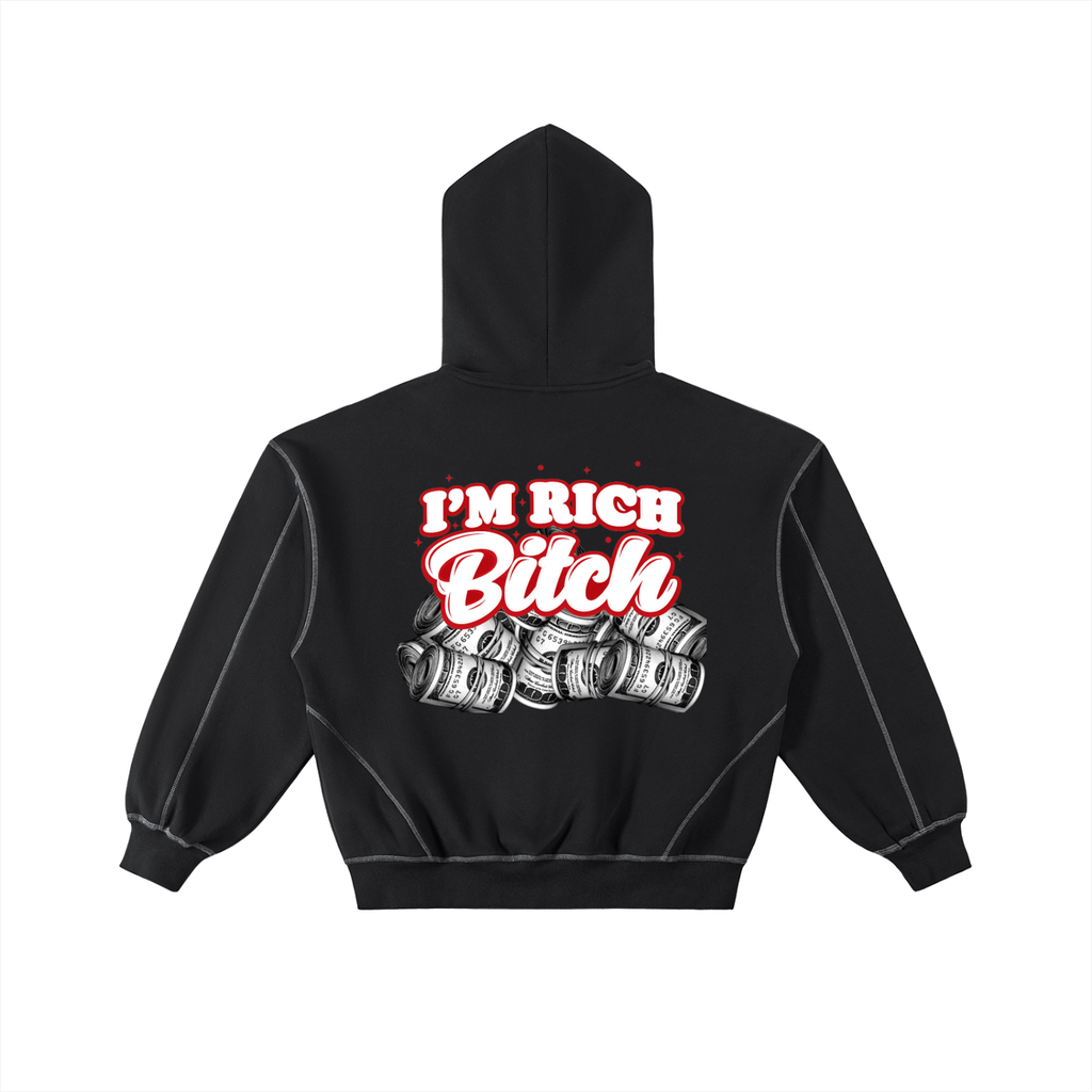 IM RICH BITCH -Contrast-Stitched Boxy Fleece Zip Hoodie
