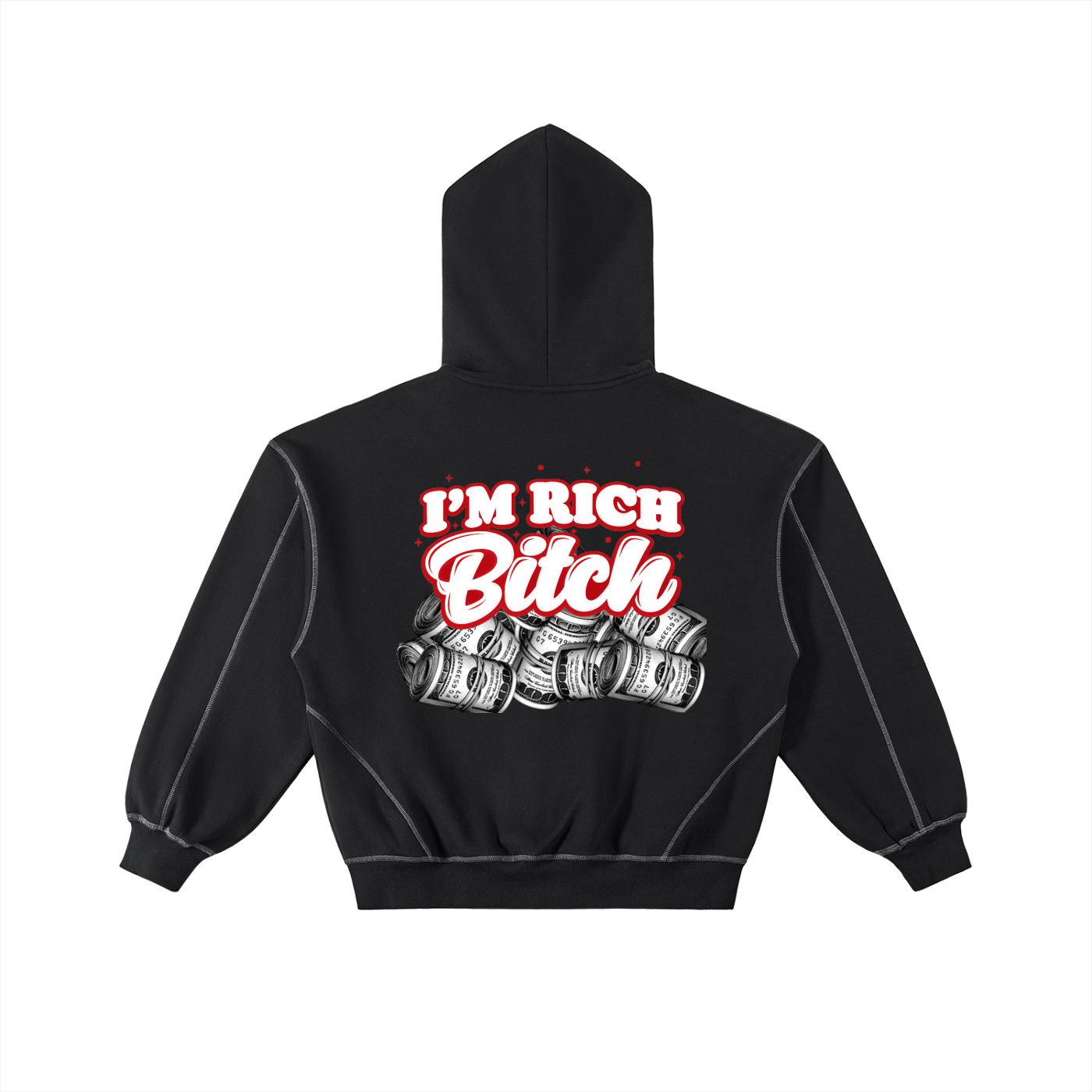 IM RICH BITCH -Contrast-Stitched Boxy Fleece Zip Hoodie