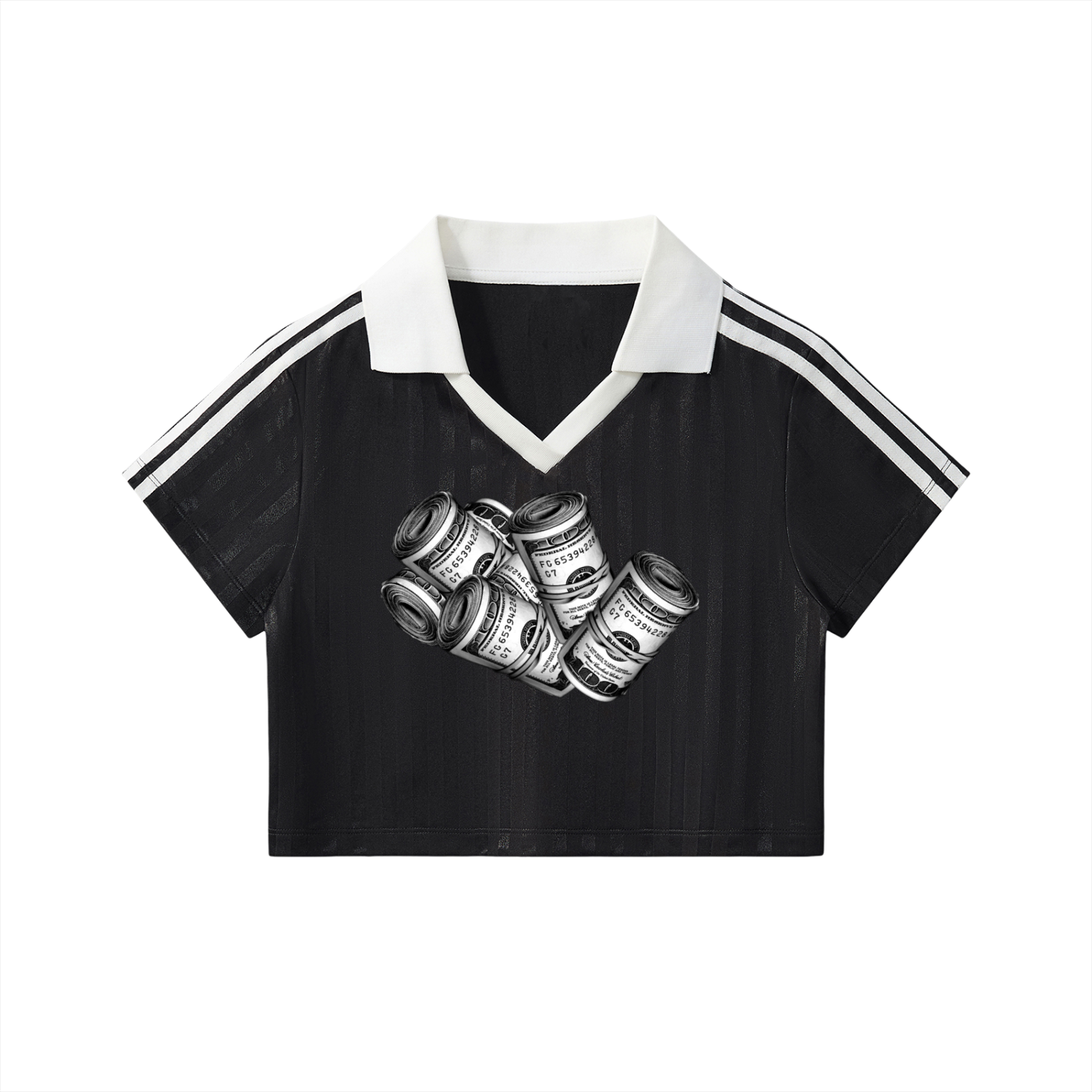 IM RICH BITCH - Contrast Collar Striped Cropped Jersey