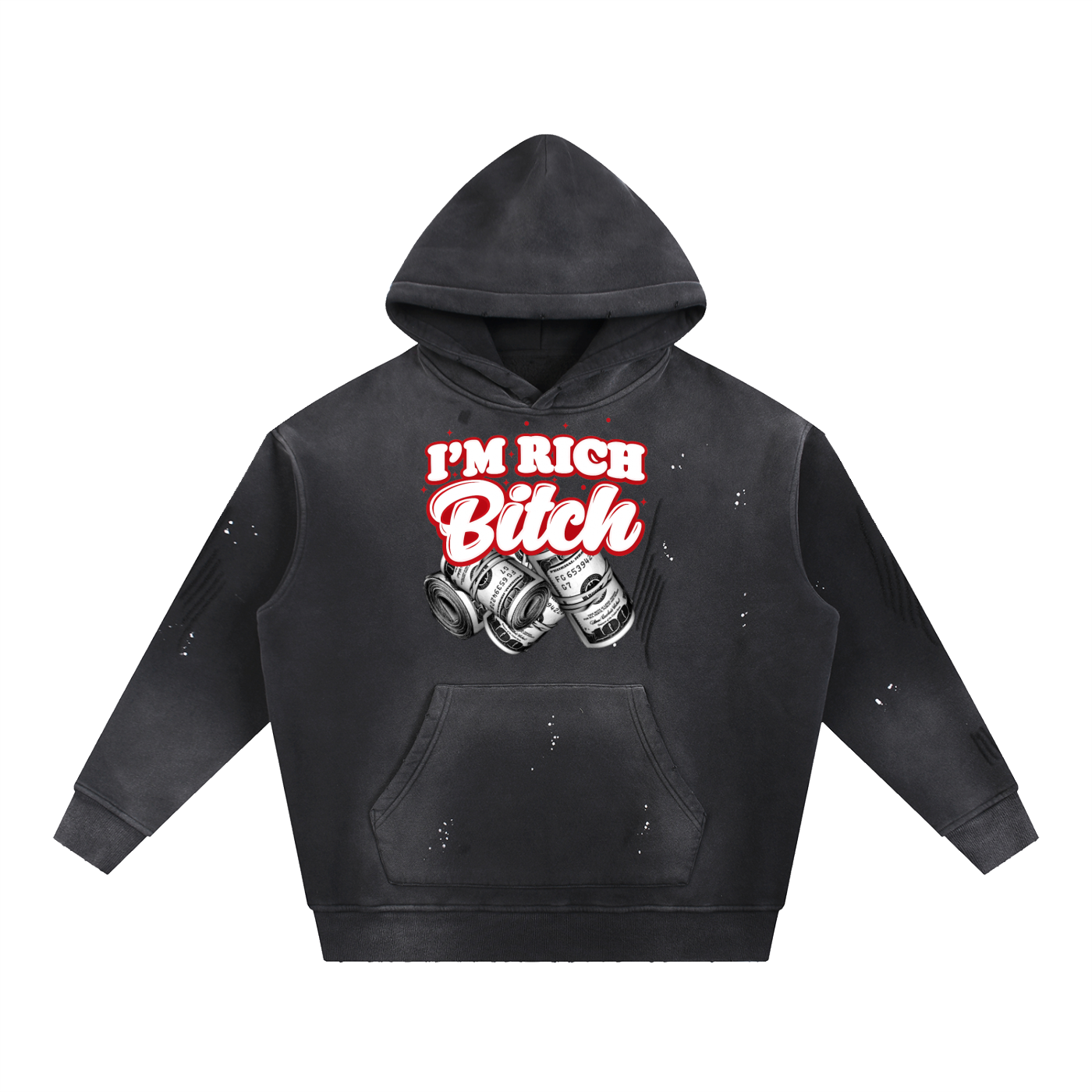 IM RICH BITCH Vintage Washed Frayed Fleece Hoodie
