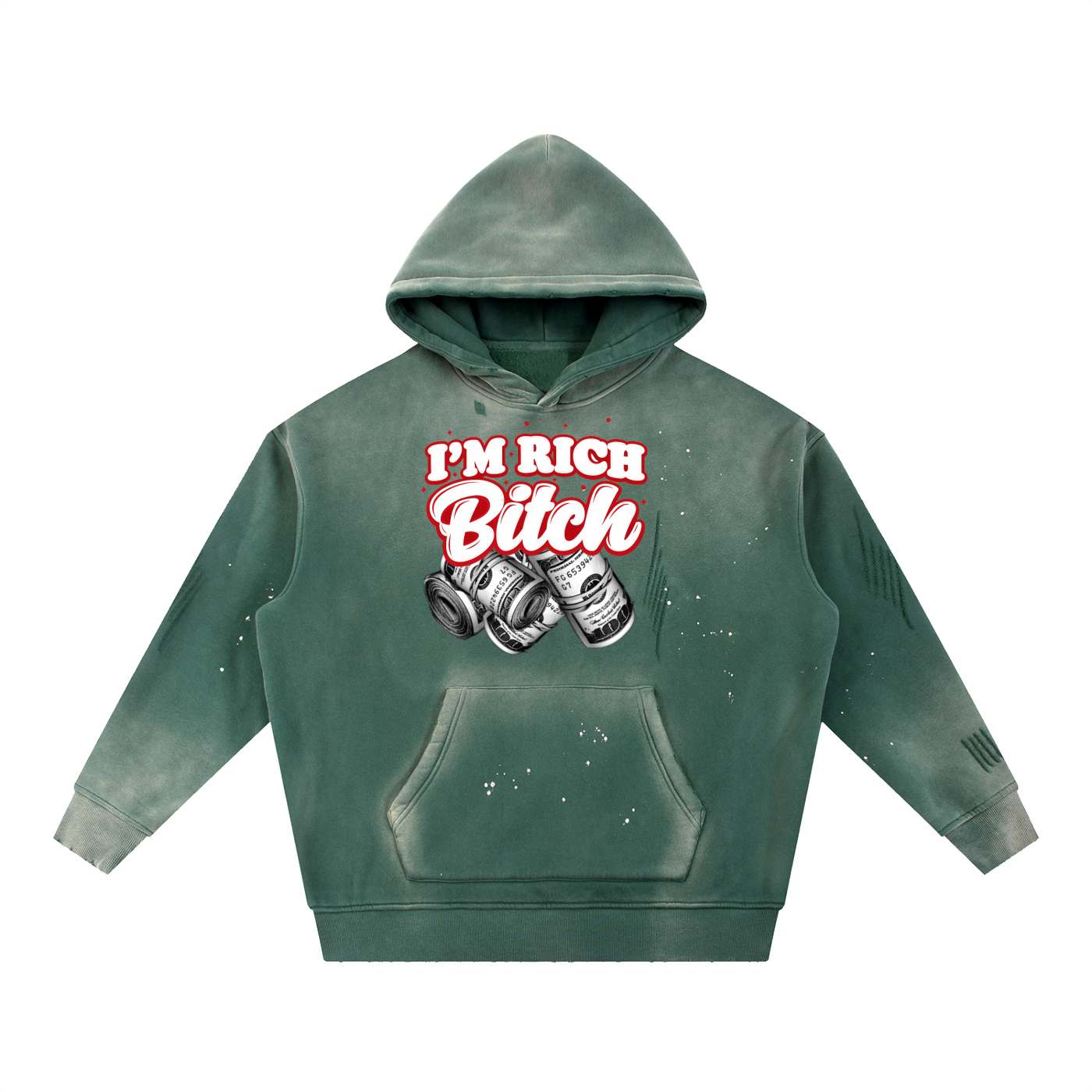IM RICH BITCH Vintage Washed Frayed Fleece Hoodie