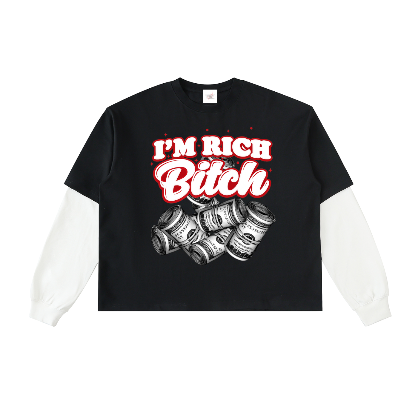 IM RICH BITCH- Layered Contrast Sleeve Cotton T-Shirt