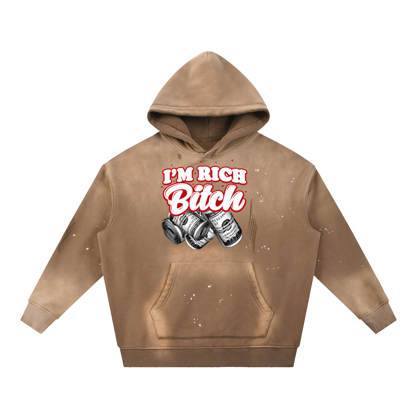 IM RICH BITCH Vintage Washed Frayed Fleece Hoodie