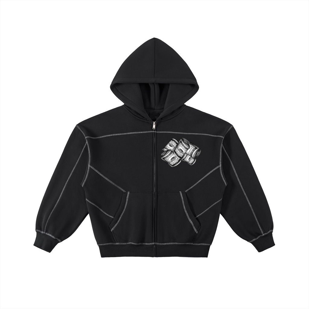 IM RICH BITCH -Contrast-Stitched Boxy Fleece Zip Hoodie
