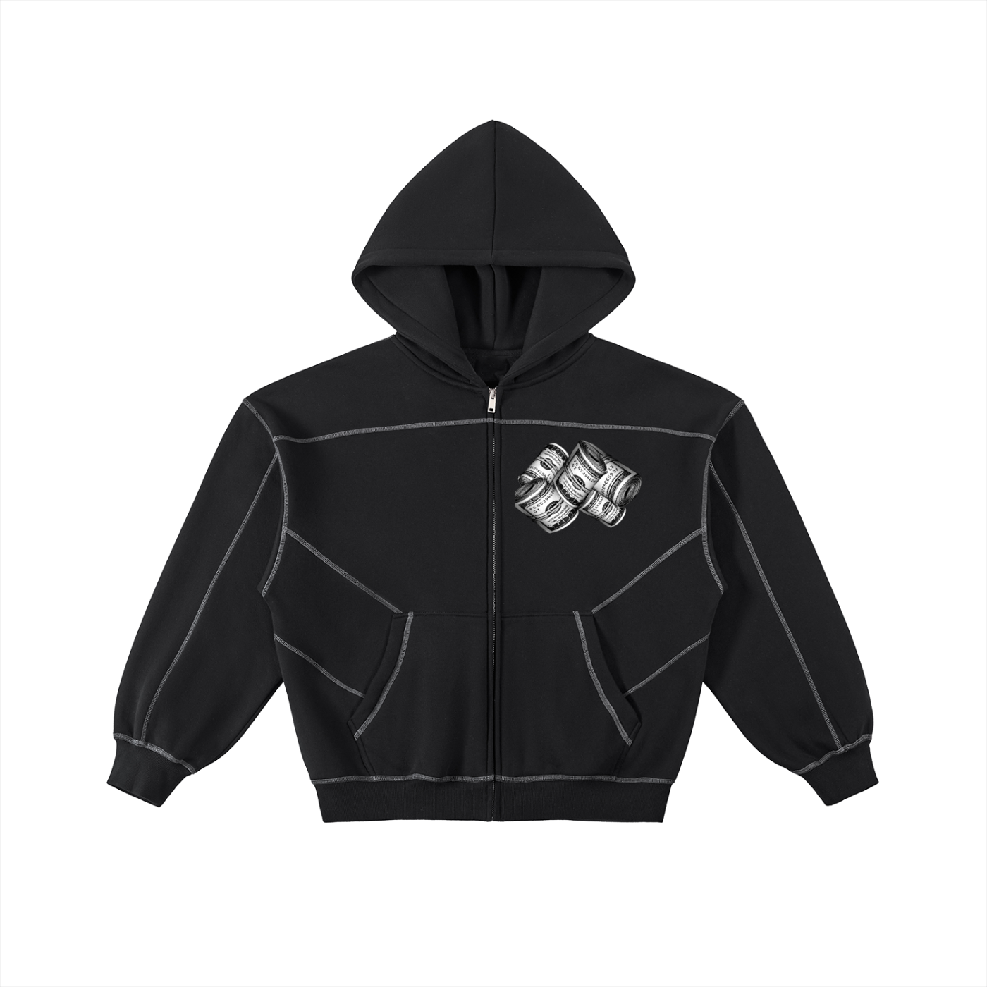 IM RICH BITCH -Contrast-Stitched Boxy Fleece Zip Hoodie